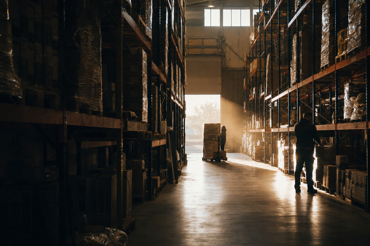 A warehouse aisle in morning light, racking on both sides, a worker with a pallet jack far down the aisle, another at a shelf with their back turned.