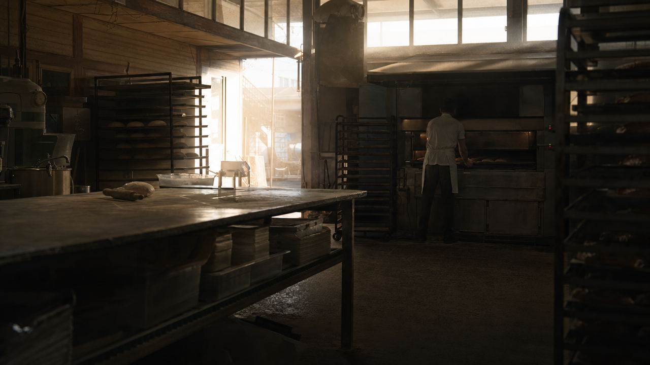 A bakery at 5am: the baker at the deck oven with their back turned, racks of loaves, first light through the front glass.