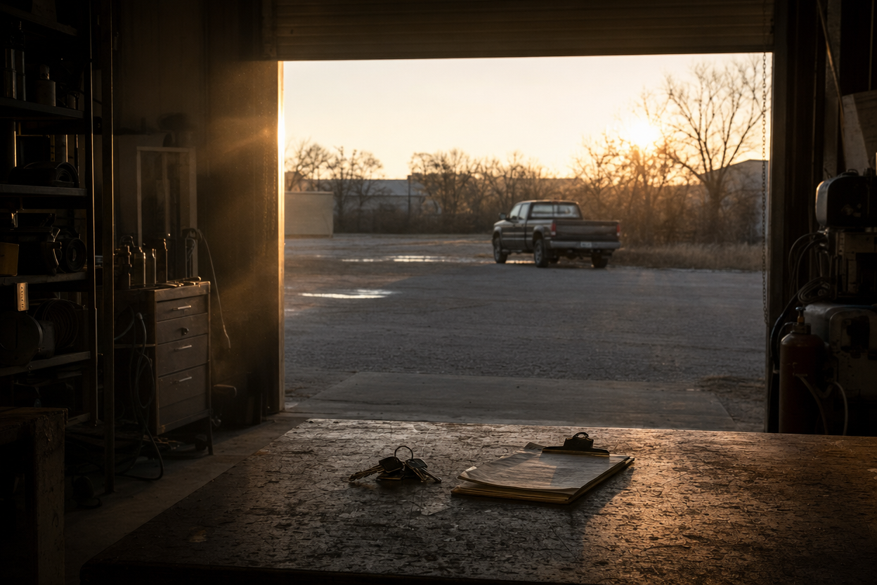 Looking out of a shop's roll-up door at a pickup parked in the lot at sunrise, keys and a clipboard on the workbench in front.