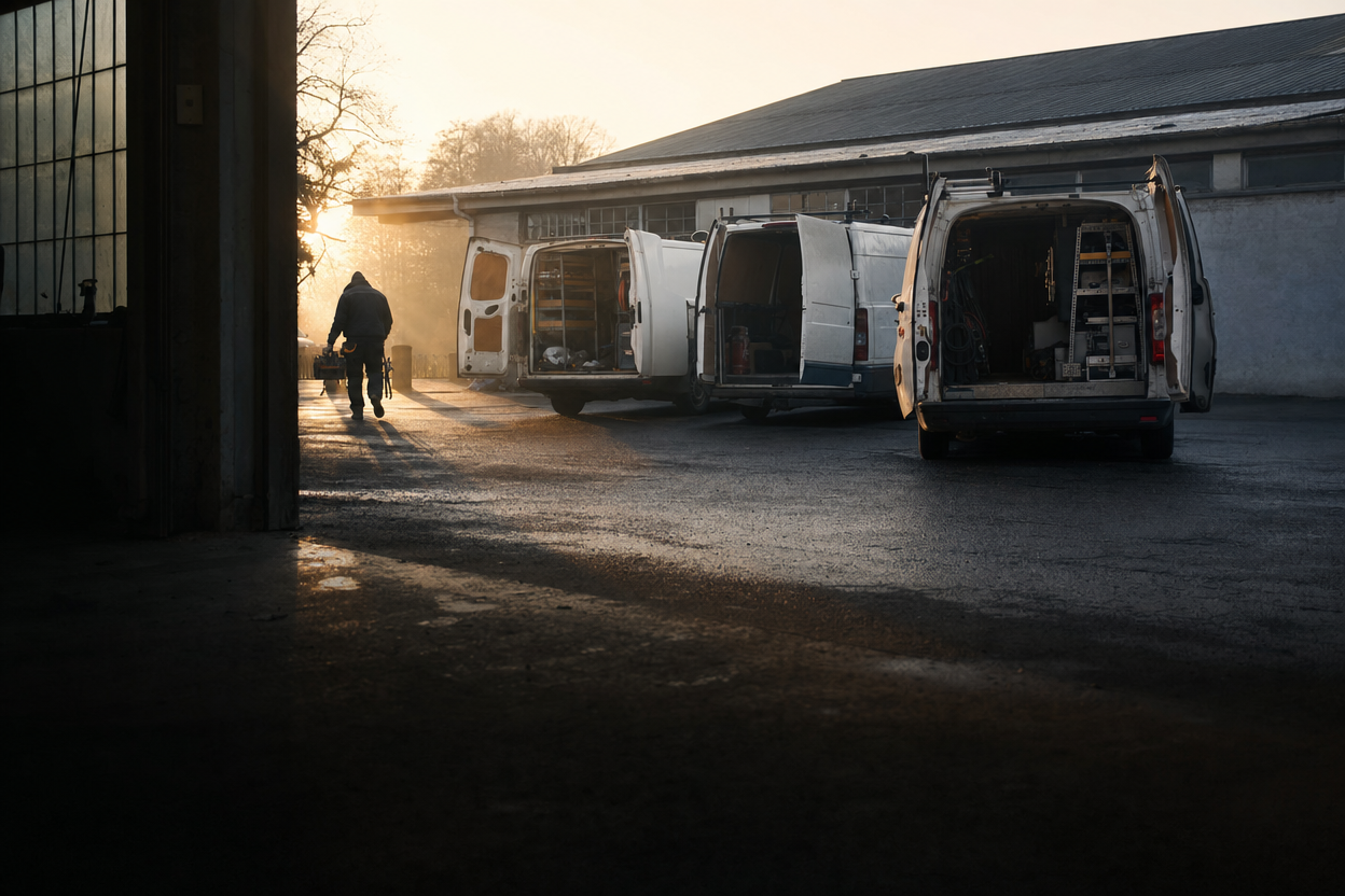 Three service vans loading in a yard at dawn, doors open, a technician walking out from the shop with a tool bag, back turned.