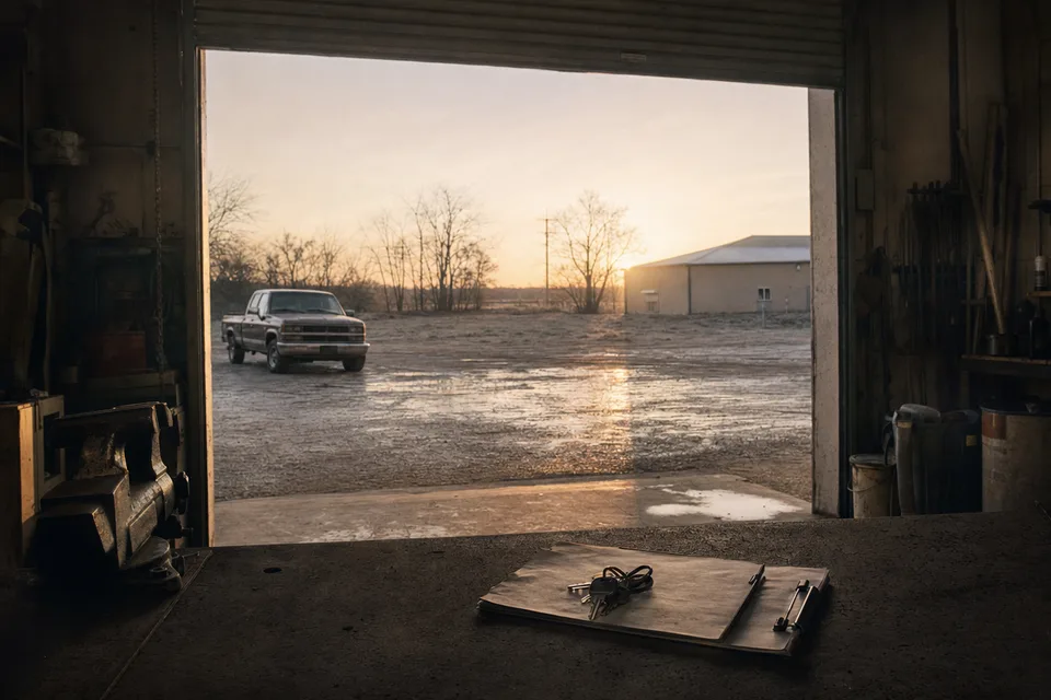 Looking out of a shop's roll-up door at a pickup parked in the lot at sunrise.