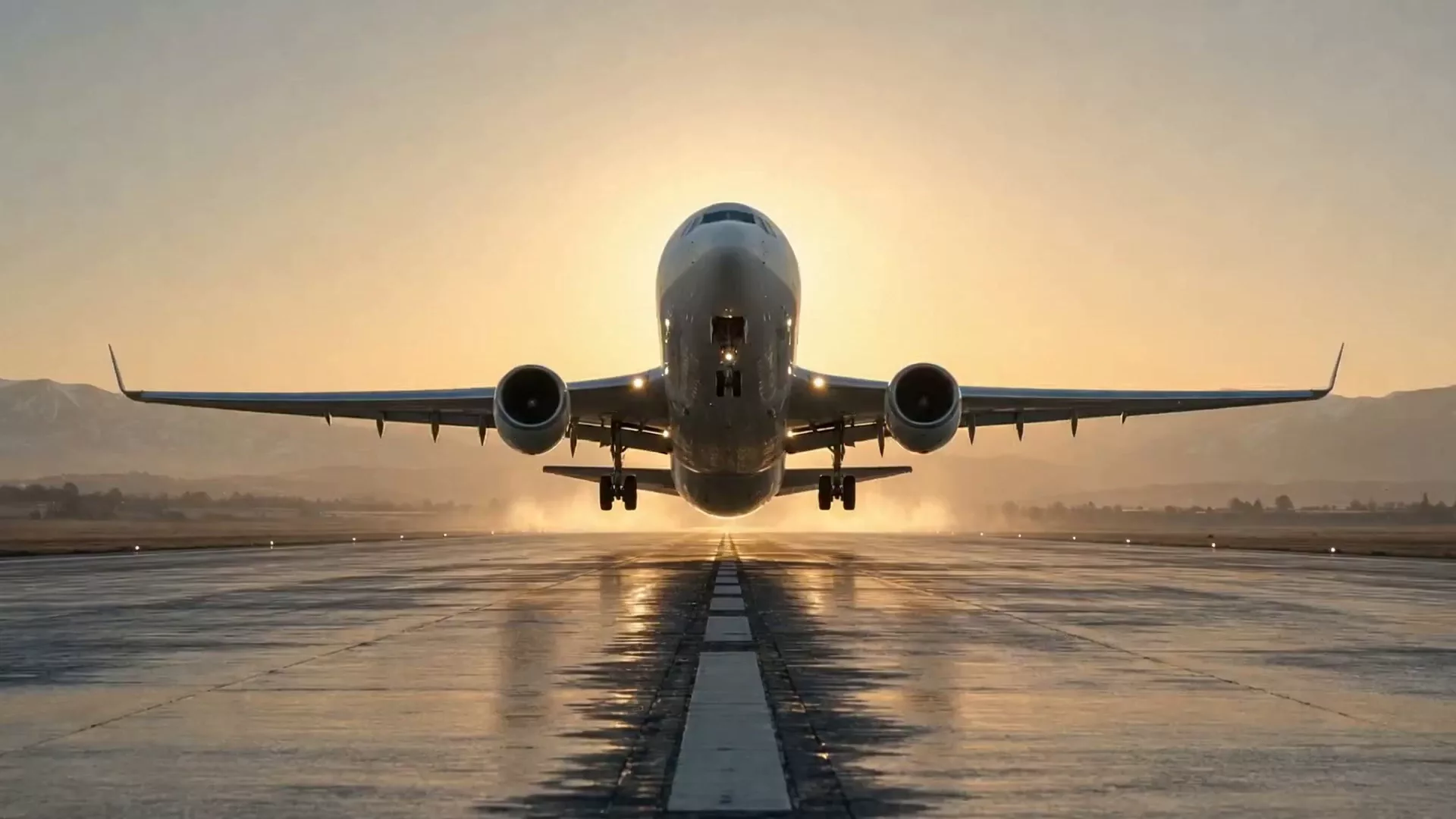 A jet at the instant of rotation, head-on, gear just off a wet runway at dawn, the centerline running straight toward the viewer.